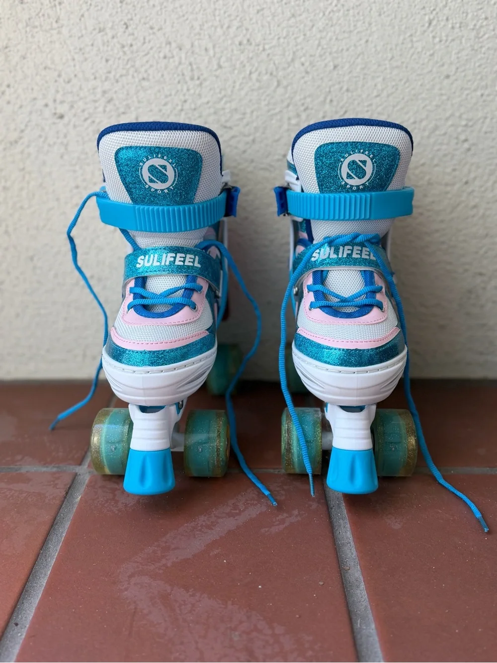 Kids Teal Blue and Pink Glitter Wheel Quad Rollerskates